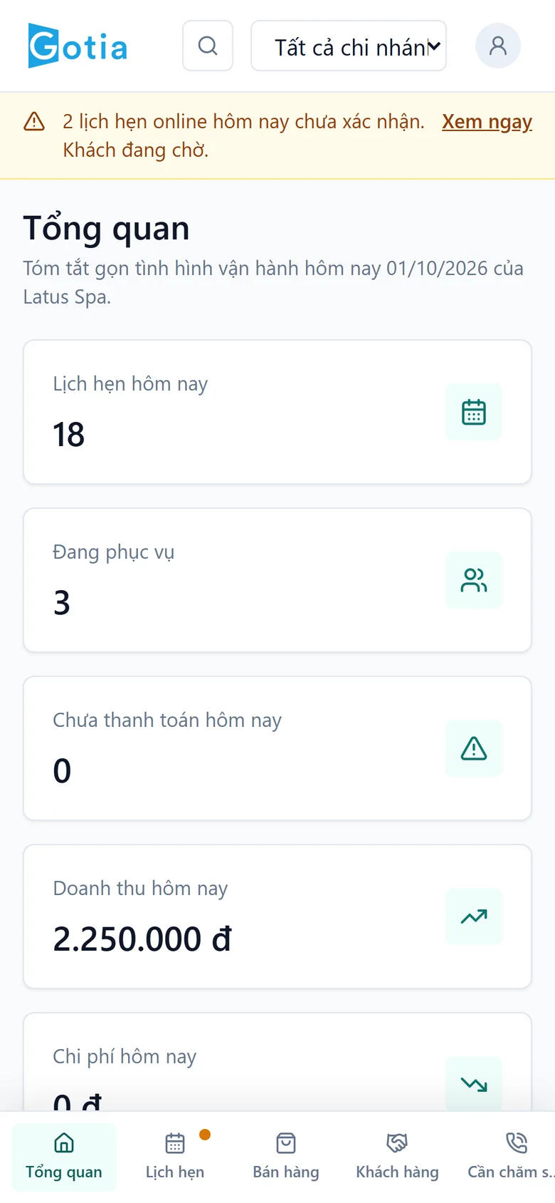 Màn tổng quan của Gotia trên điện thoại: số lịch hẹn, khách đang phục vụ, doanh thu hôm nay