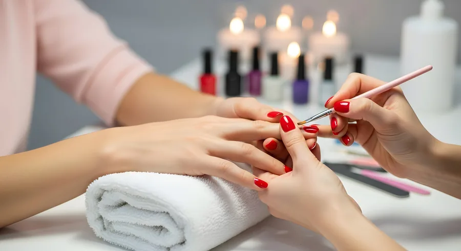 Thợ nail sơn móng đỏ cho khách, kệ sơn móng và nến phía sau